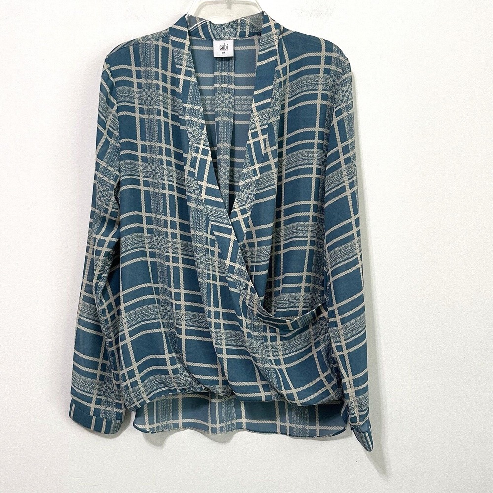 CAbi Windowpane Plaid Faux Wrap Blouse Top M Blue Blouson Front Work Style 3068